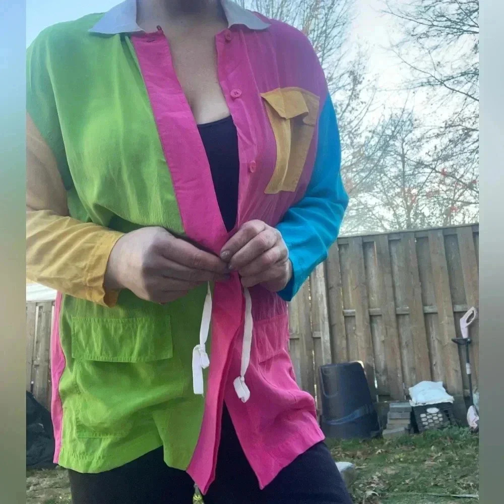 Lightweight Vintage Color block 3/4 Sleeve Silk Button Up Shirt Cinched Waist Sm - Picture 11 of 15